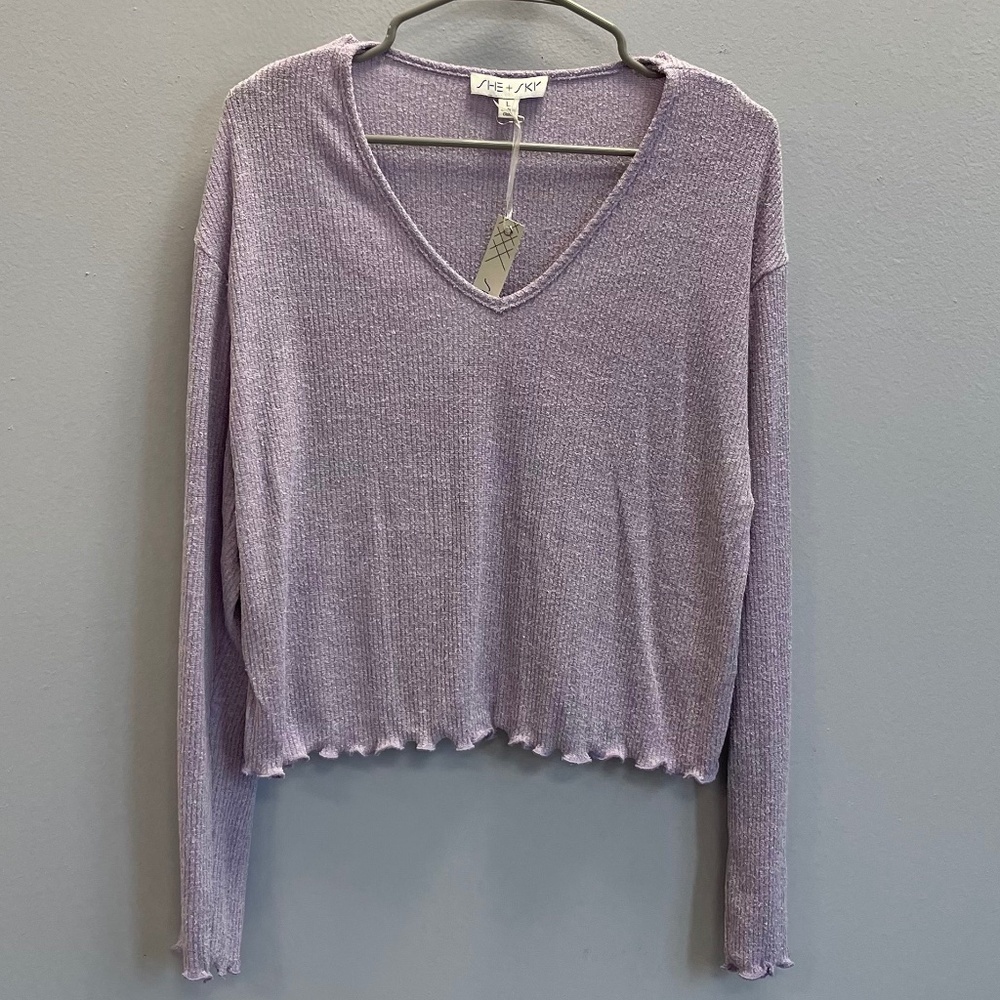She & Sky Lettuce Trim V-neck Ribbed Sweater -Lavender - Large - NWT